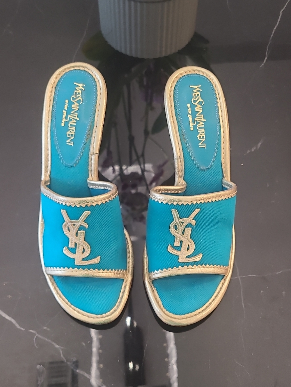 Yves Saint Laurent Turquoise and Gold Slide Sandals
